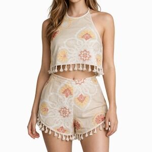 Sabo Skirt Halter Crop Top Shorts Set XS Tassel Trim Boho Floral Festival Outfit
